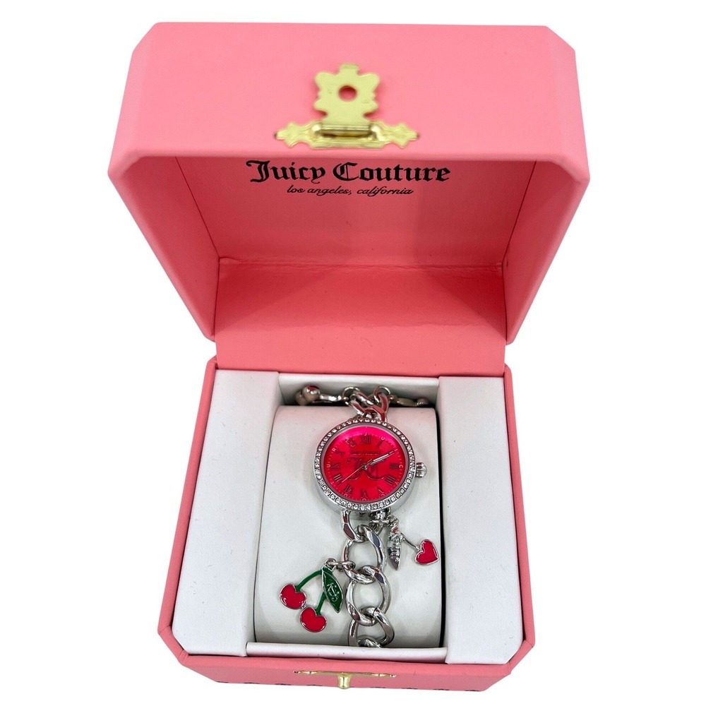 Juicy Couture Charm Bracelet Watch Silver Pink Cherry Y2K Retro Glam Crystal NEW
